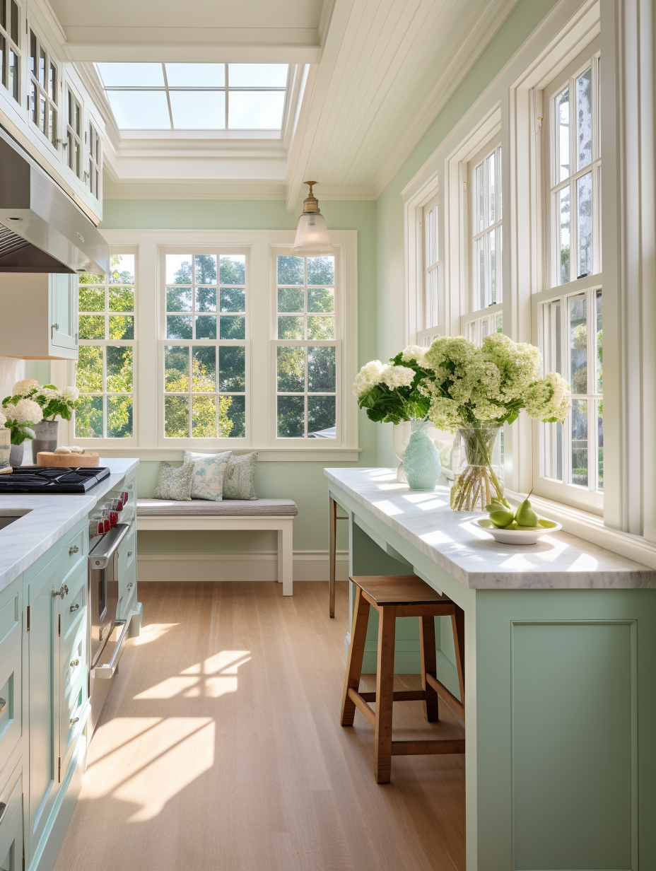Sherwin Williams Window Pane kitchen inspiration, green hued kitchens ideas 