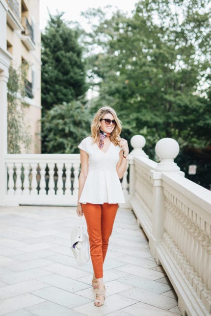 rust pants outfit fall office style how to wear a neck scarf